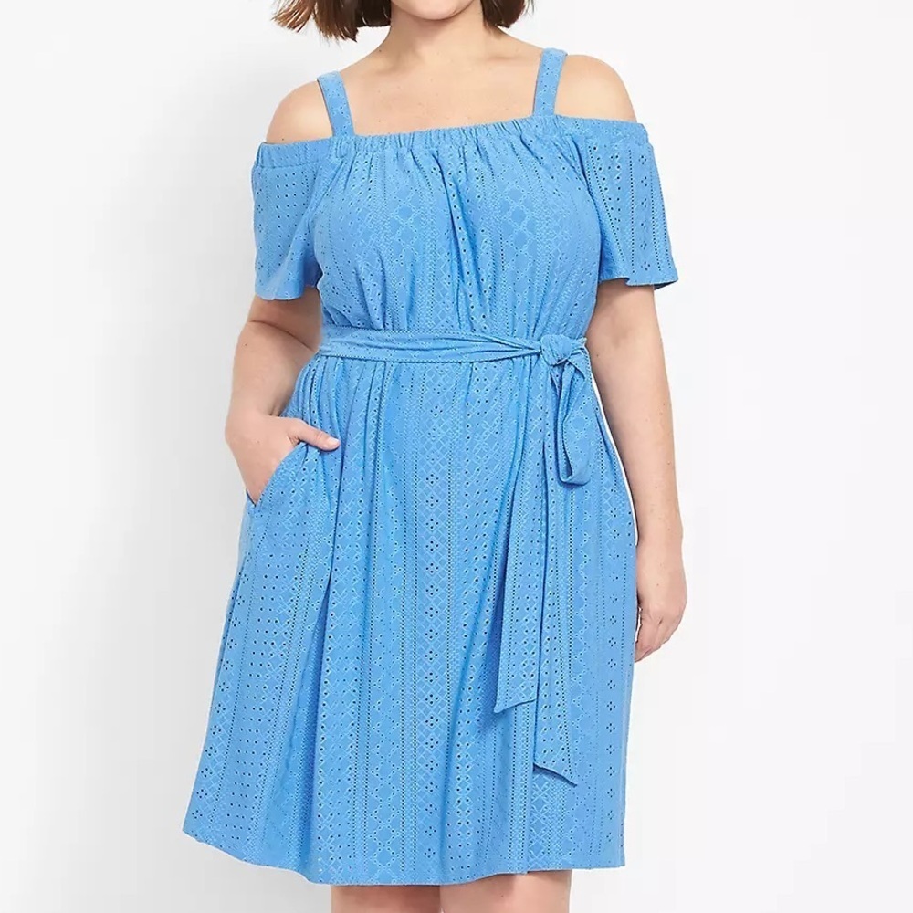 Lane Bryant Women 18/20 Blue Cold-Shoulder Flutter Sleeve Eyelet Swing Dress NWT